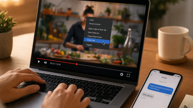 Person typing on a laptop as a cooking video plays; a context menu shows Copy Link on screen. - how-to-specify-a-starting-point-on-a-youtube-or-google-video-featured