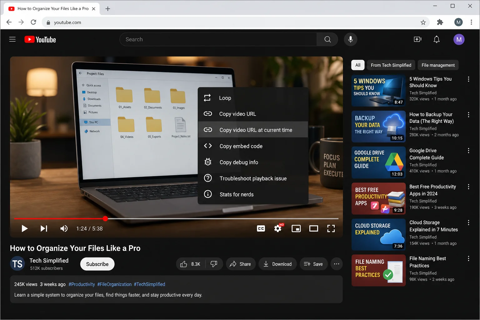 YouTube video player with right-click context menu open, showing "Copy video URL at current time" option highlighted