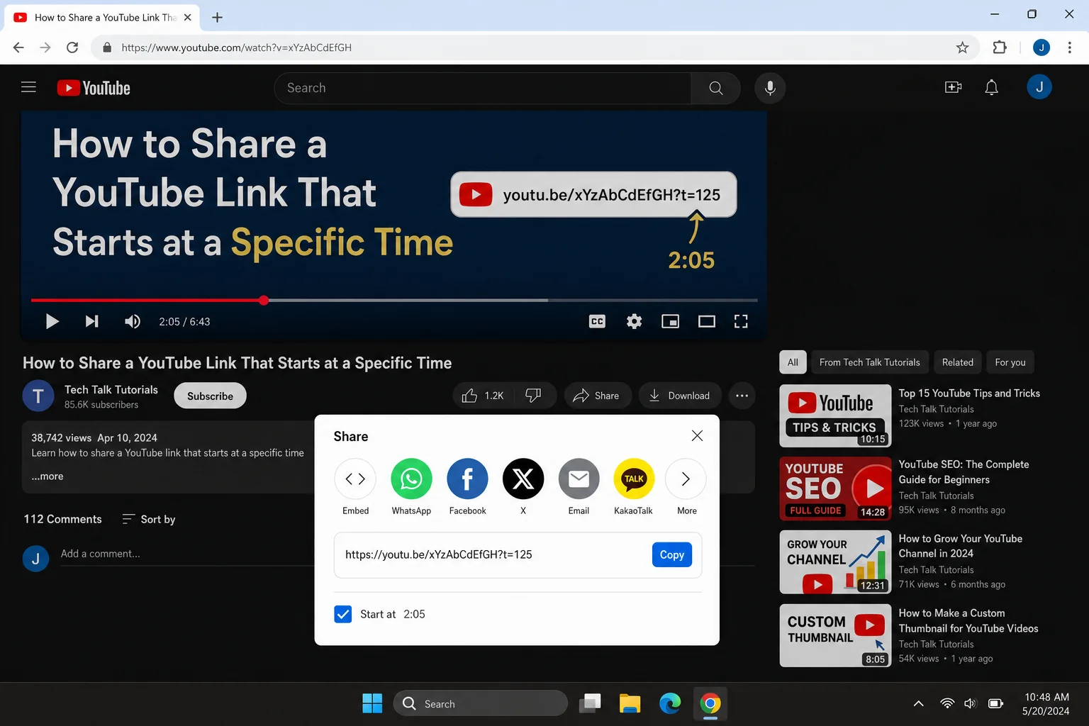 YouTube share dialog open below a video, showing the "Start at" checkbox checked with a timestamped URL visible