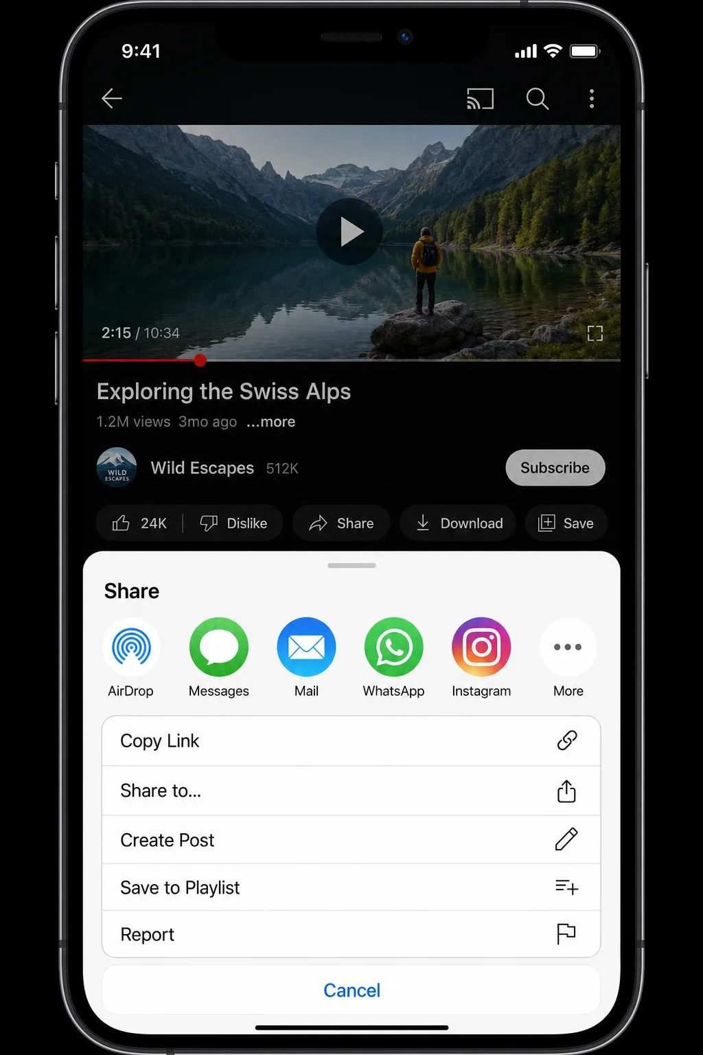 YouTube mobile app share sheet with "Copy link" option visible