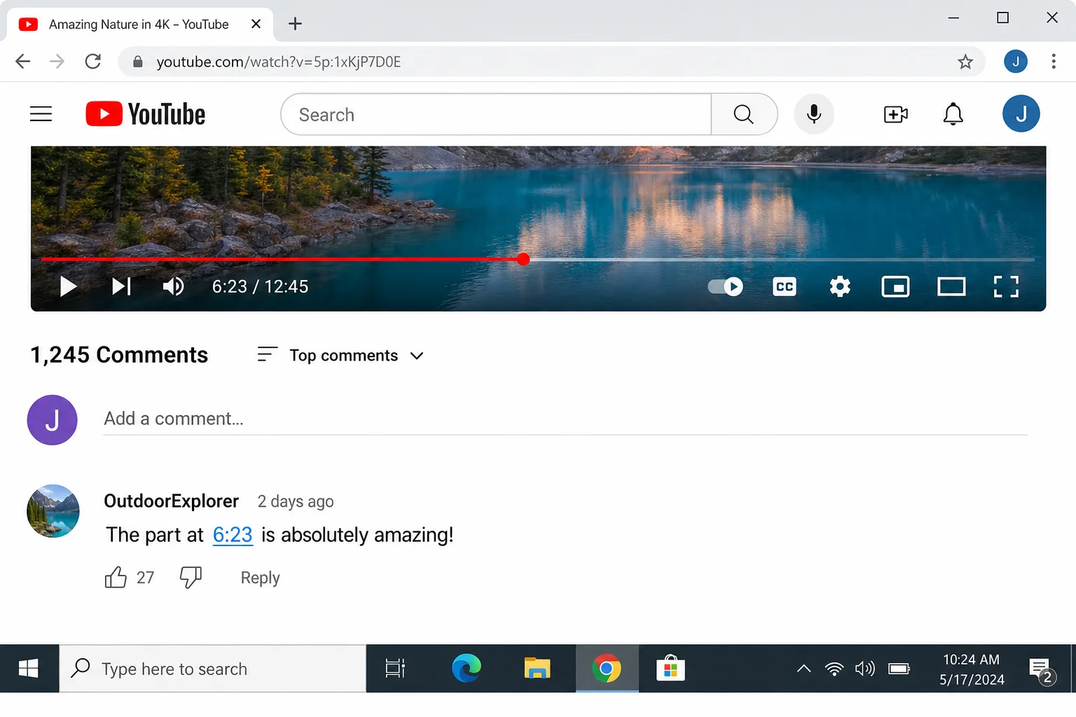 YouTube comment section showing a posted comment with a clickable timestamp link like "6:23" highlighted in blue