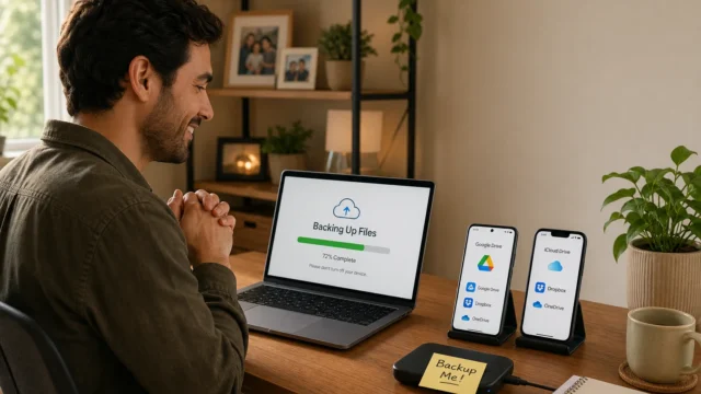 Man sits at a home desk backing up files on a laptop while two phones show cloud storage apps nearby and an external drive labeled 'Backup Me' in view. - how-to-store-all-your-photos-in-the-cloud-featured