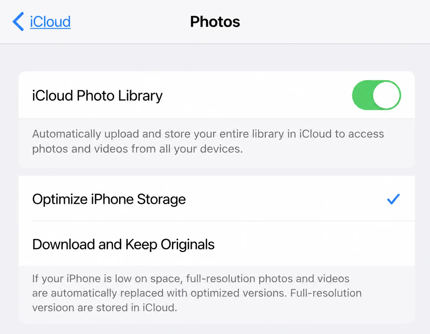 iCloud Photos sync settings on iPhone