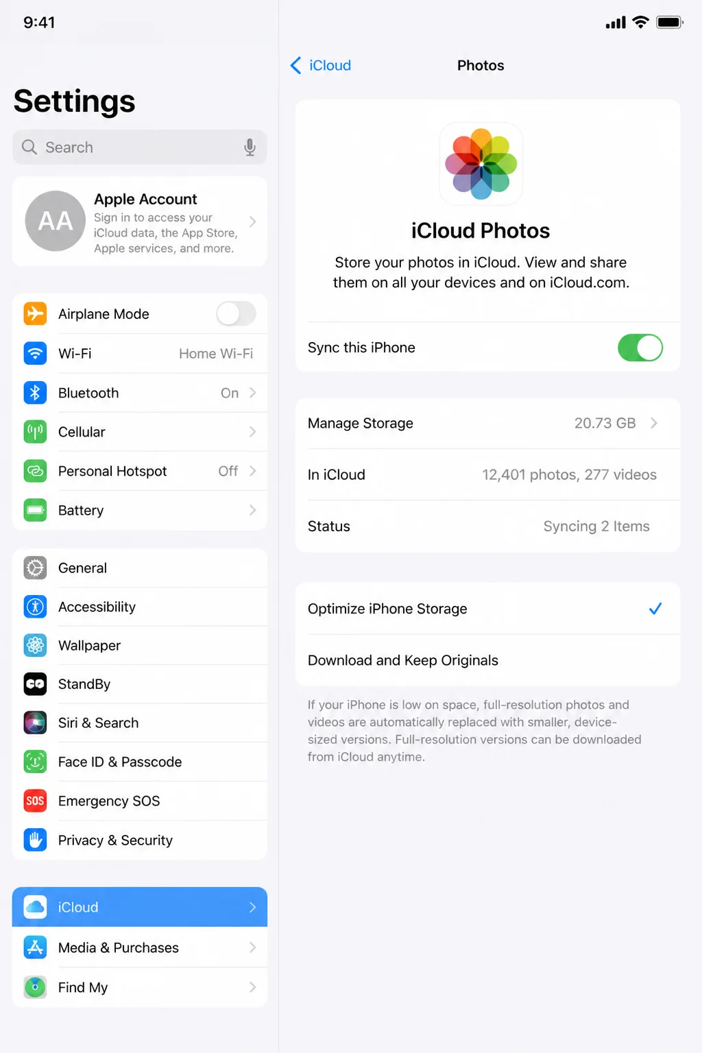 iPhone Settings > Apple ID > iCloud > Photos with the "Sync this iPhone" toggle enabled
