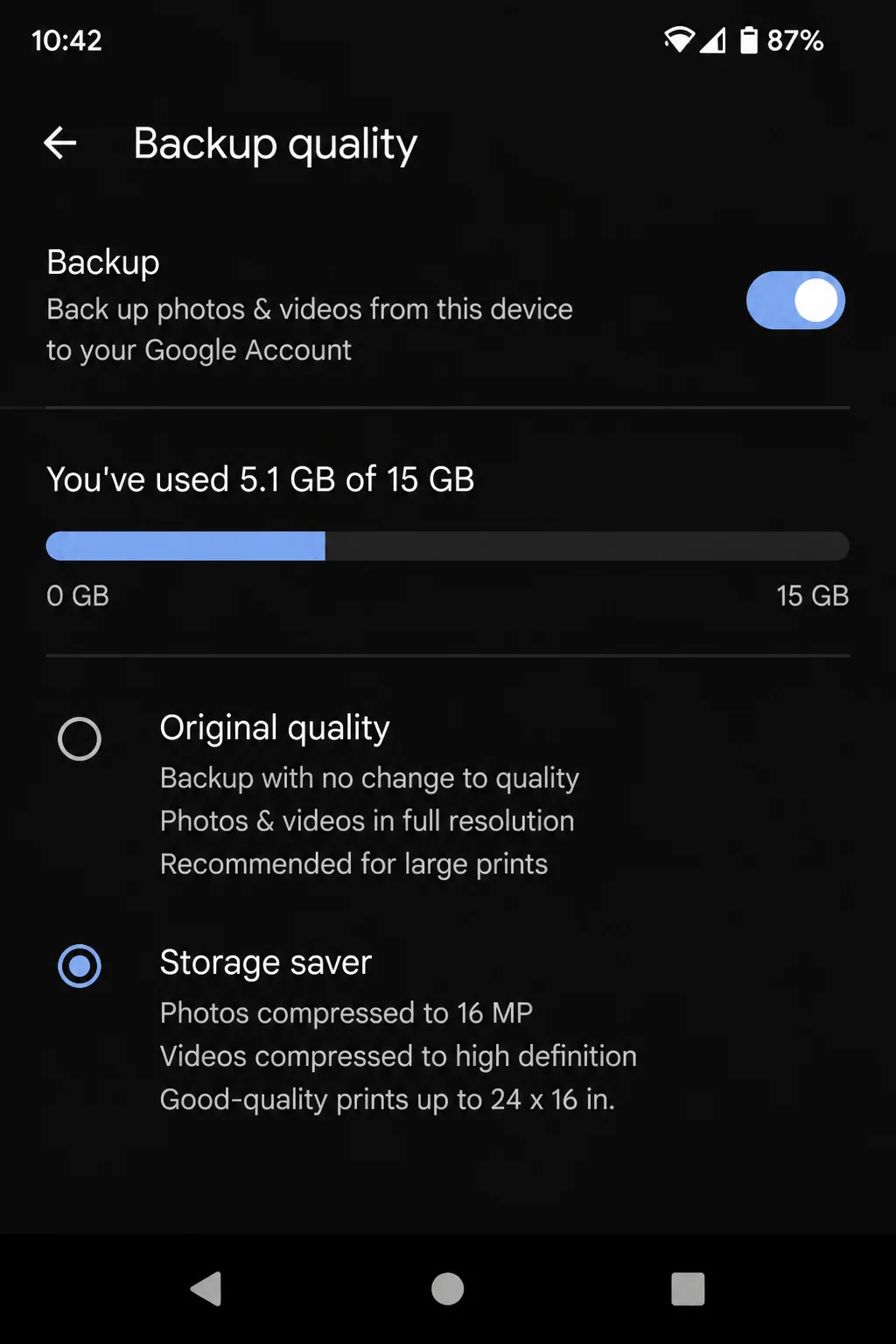 Google Photos backup settings screen with the Backup toggle enabled and quality options (Storage saver / Original quality)