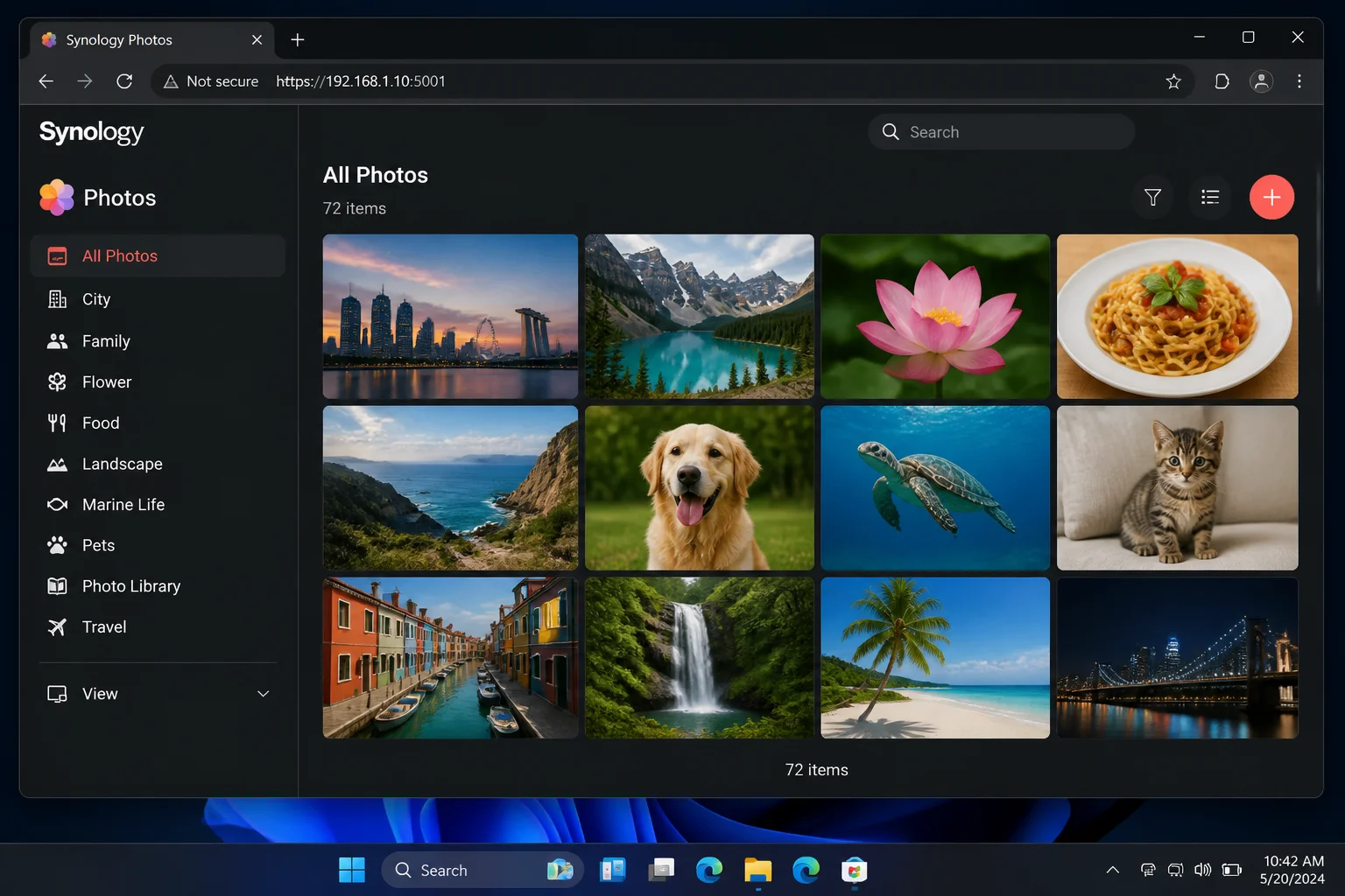 Synology NAS DSM web interface showing the Synology Photos app with a photo library loaded and the Cloud Sync app configured