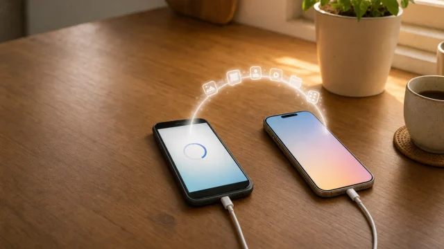 Two smartphones on a wooden table connected by a glowing arc of app icons, illustrating data transfer or syncing. - how-to-switch-iphones-featured