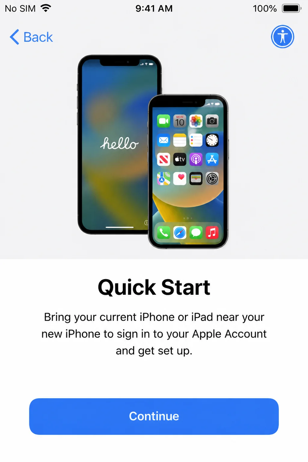 Quick Start prompt appearing on old iPhone screen, showing Apple ID and Continue button