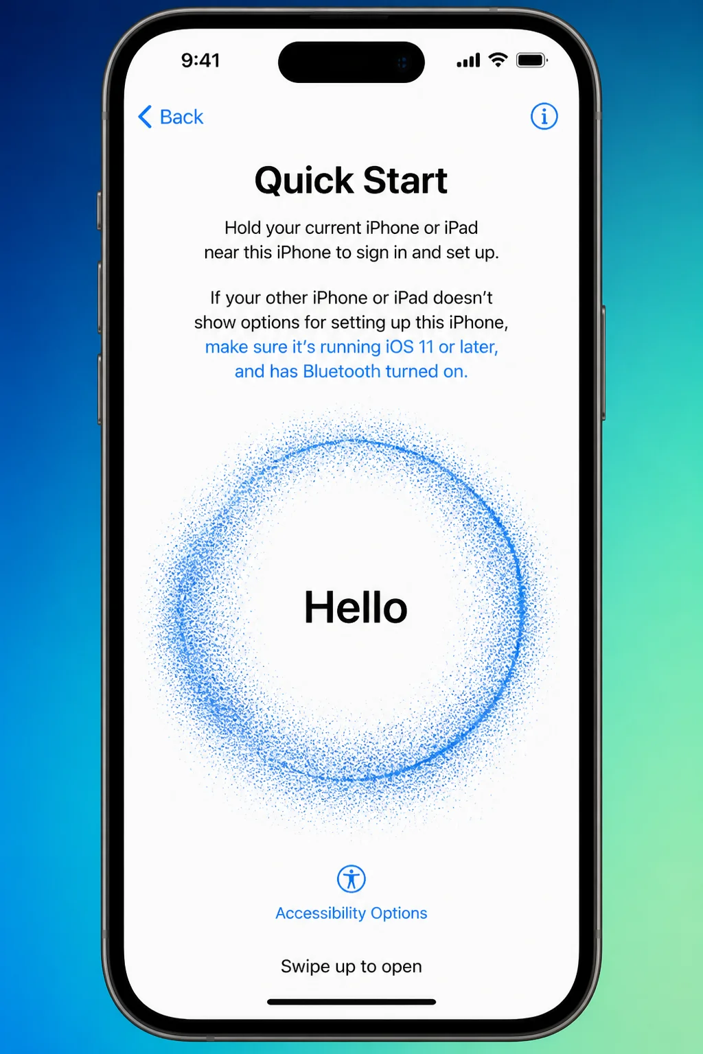 New iPhone displaying Quick Start animation pattern to be scanned by old iPhone camera
