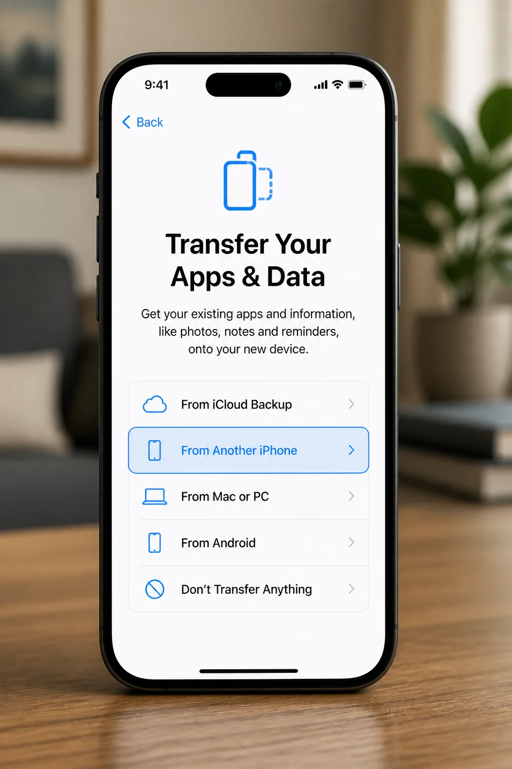 Apps & Data screen during iPhone setup showing Transfer Directly from iPhone option highlighted