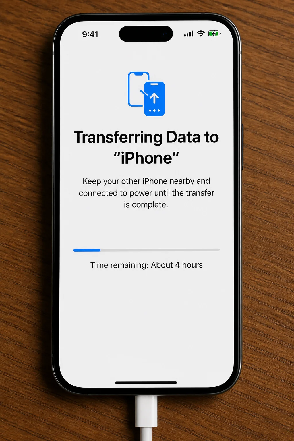 iPhone showing transfer progress screen with estimated time remaining