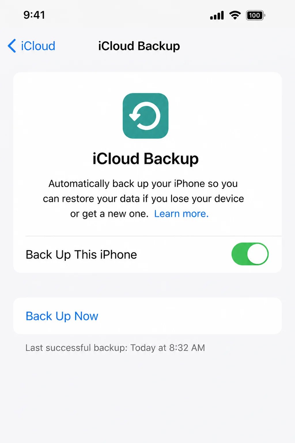 iPhone Settings showing iCloud Backup screen with Back Up Now button and last backup time visible