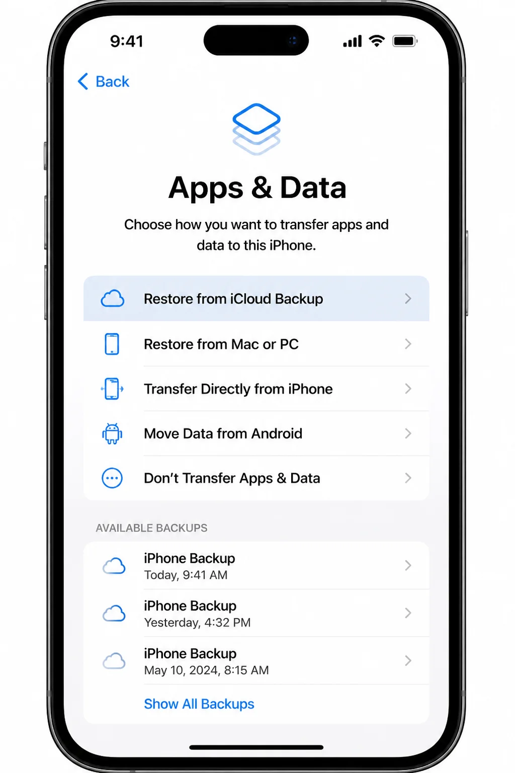 Apps & Data screen during iPhone setup with Restore from iCloud Backup option selected and list of available backups