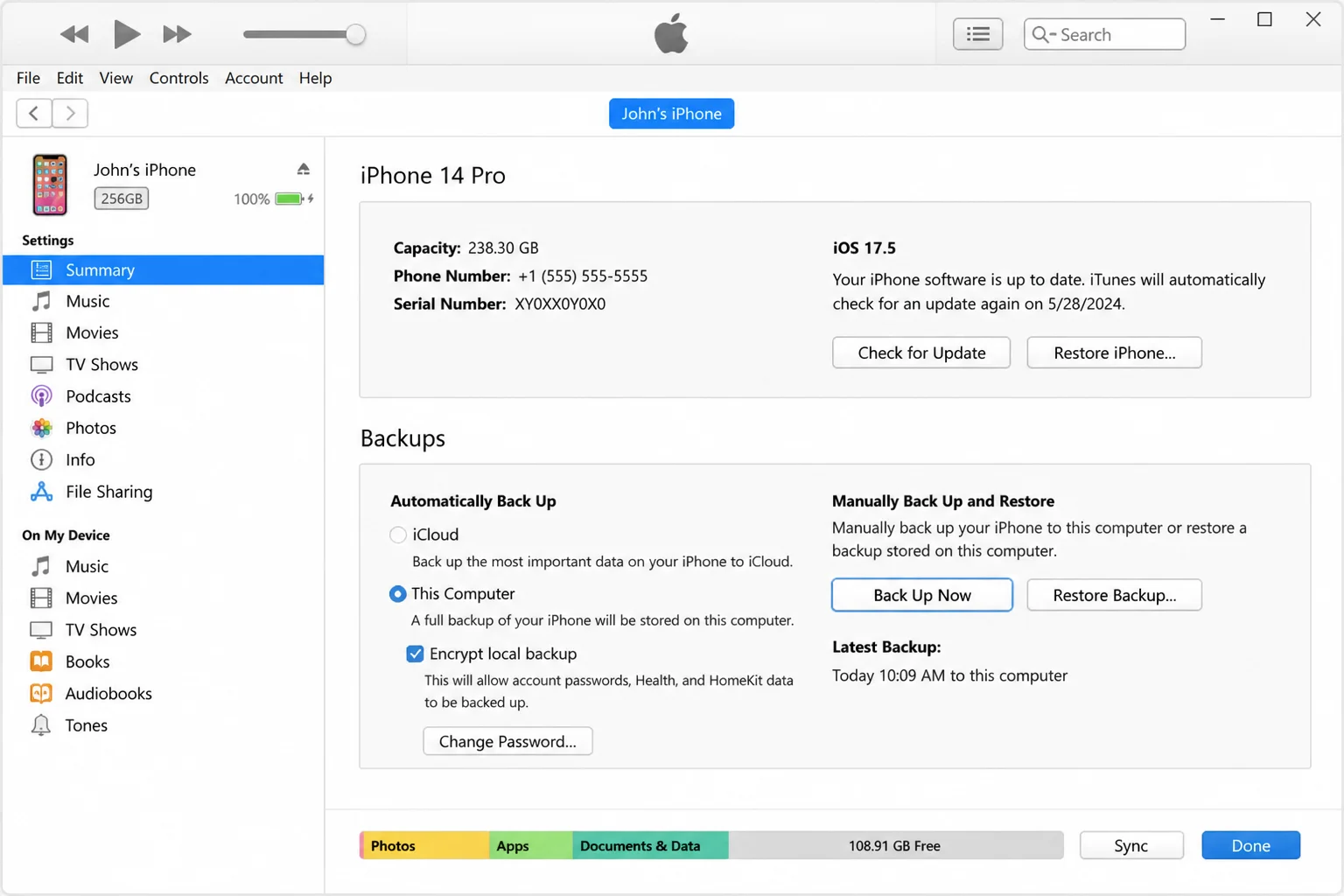 iTunes showing iPhone summary page with Backups section, This computer selected, Encrypt local backup checked, and Back Up