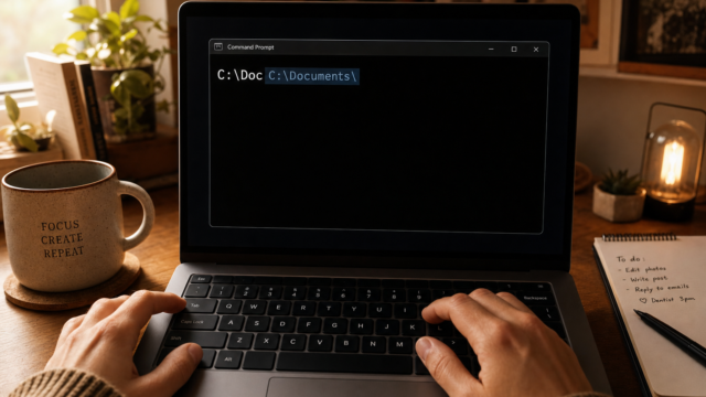 Person typing on a laptop with a dark command-prompt window on screen; a mug labeled 'FOCUS CREATE REPEAT' sits to the left on a wooden desk. - how-to-turn-on-auto-complete-in-the-command-prompt-featured