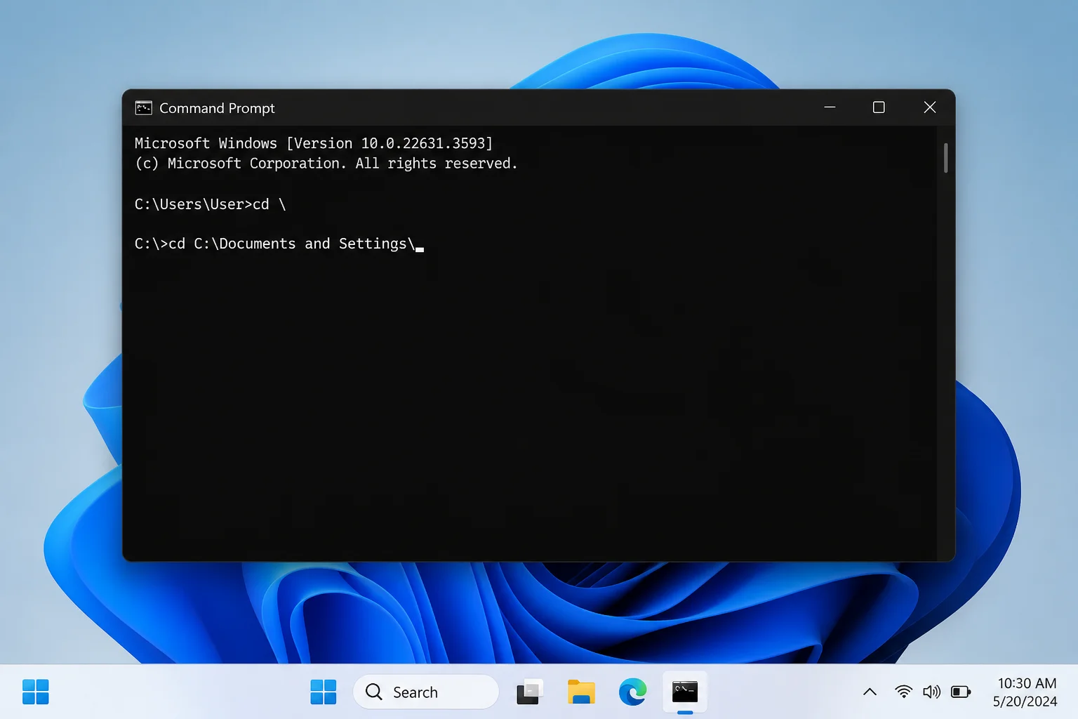 Previous image showed an ancient Windows XP command prompt (Luna theme, XP-era taskbar) but this article is about Windows 10/11. Capture a modern Windows 11 Command Prompt window showing a partial path C:\Doc being auto-completed to C:\Documents and Settings\ after pressing Tab, using the current Windows 11 dark-mode terminal styling.