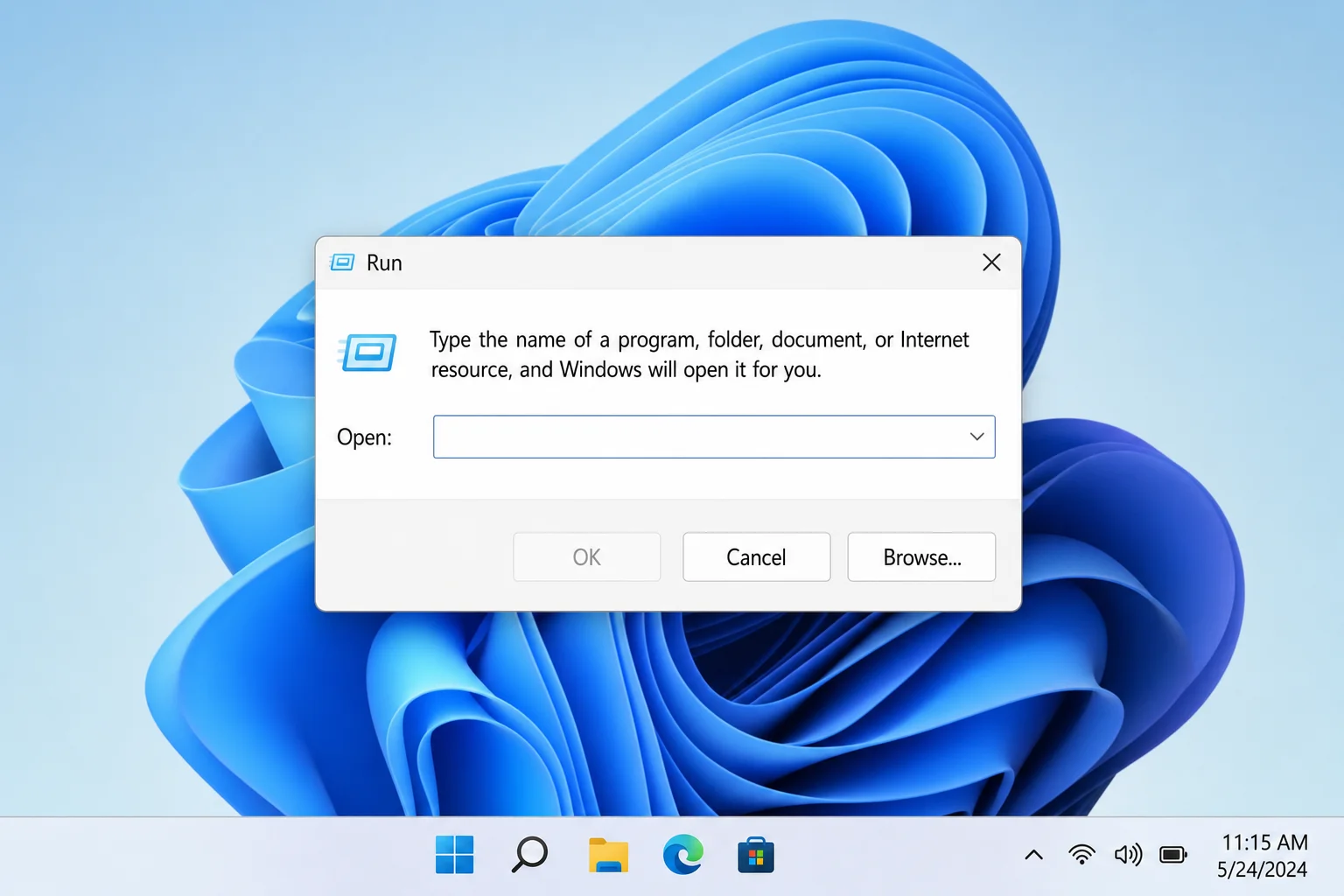 Windows 11 Run dialog box open and empty, ready for input