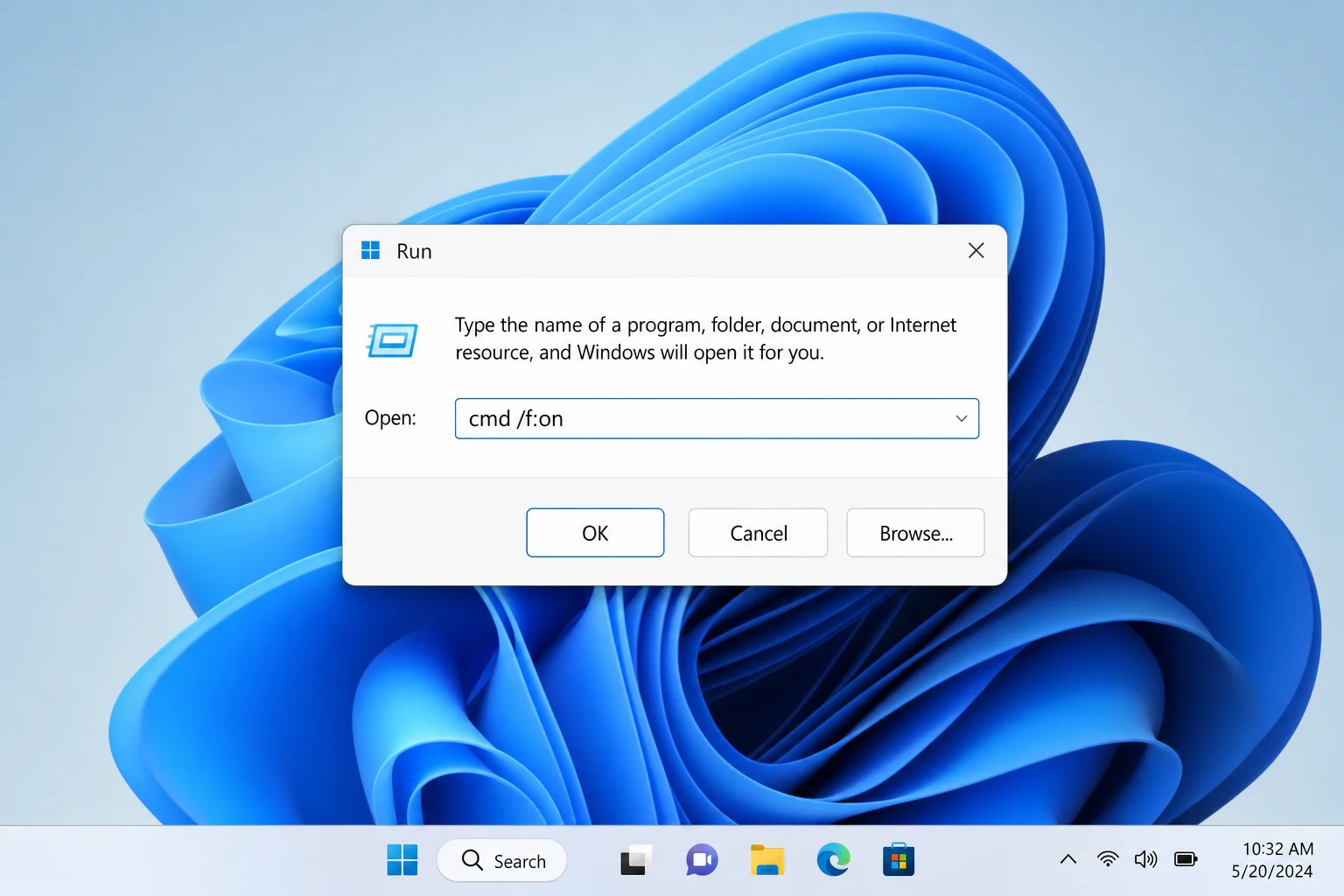Windows 11 Run dialog with "cmd /f:on" typed in the text field