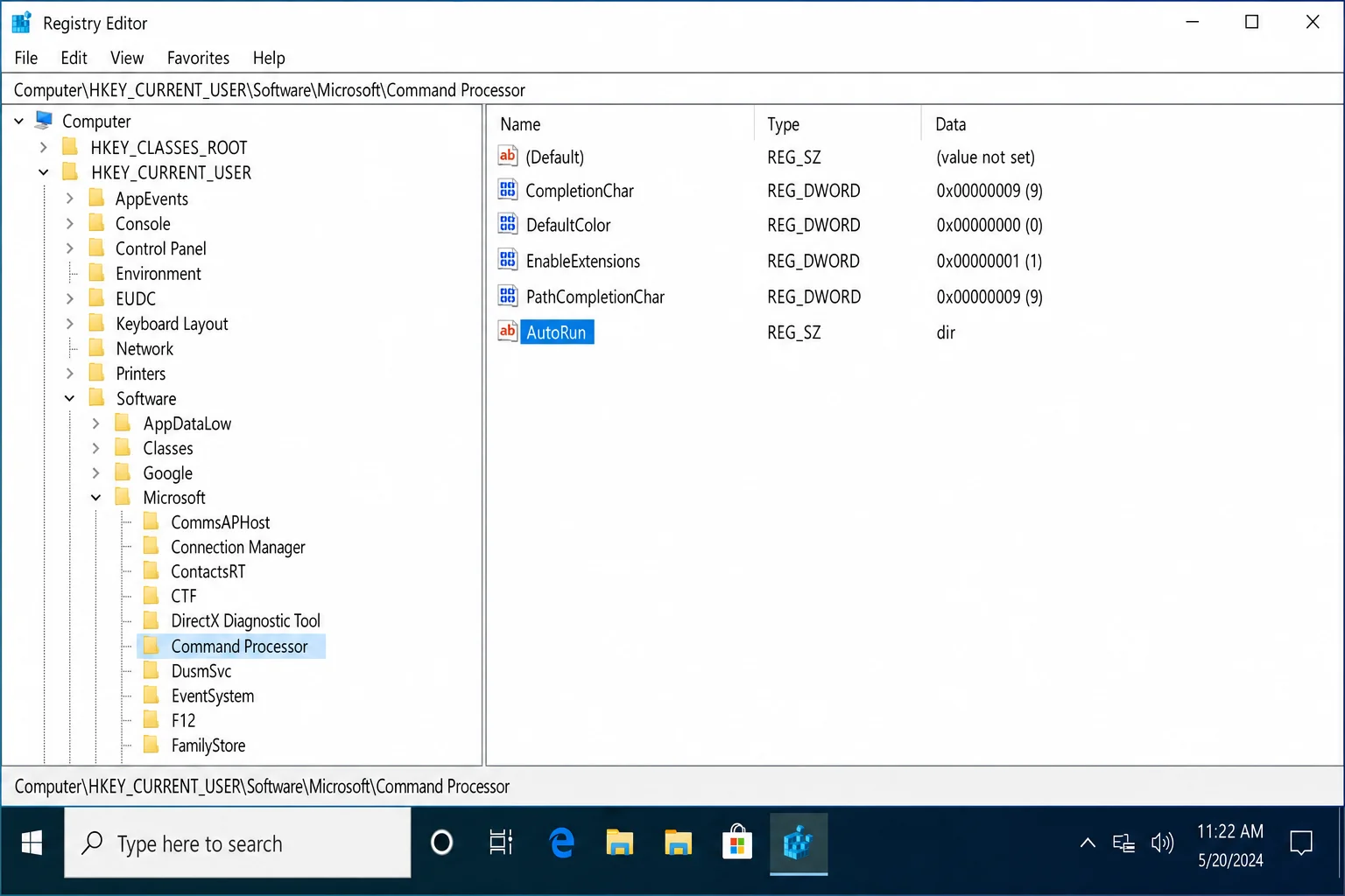 Registry Editor showing HKEY_CURRENT_USER\SOFTWARE\Microsoft\Command Processor selected in the left panel, with CompletionChar and PathCompletionChar values visible in the right panel
