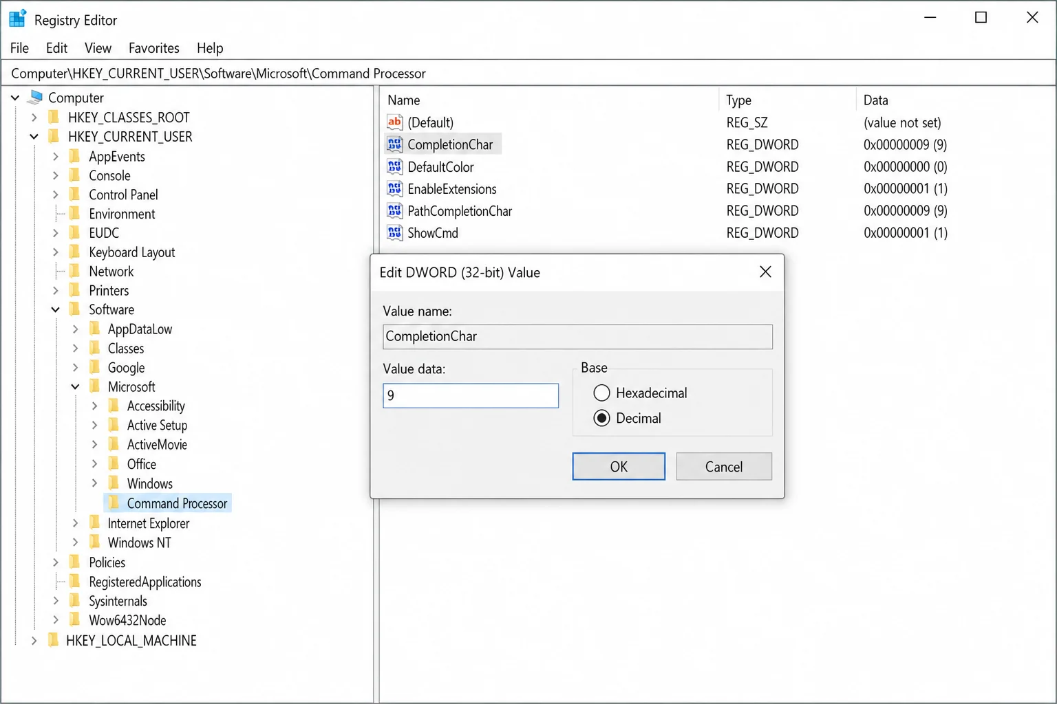 Registry Editor Edit DWORD dialog for CompletionChar with Base set to Decimal and Value data set to 9