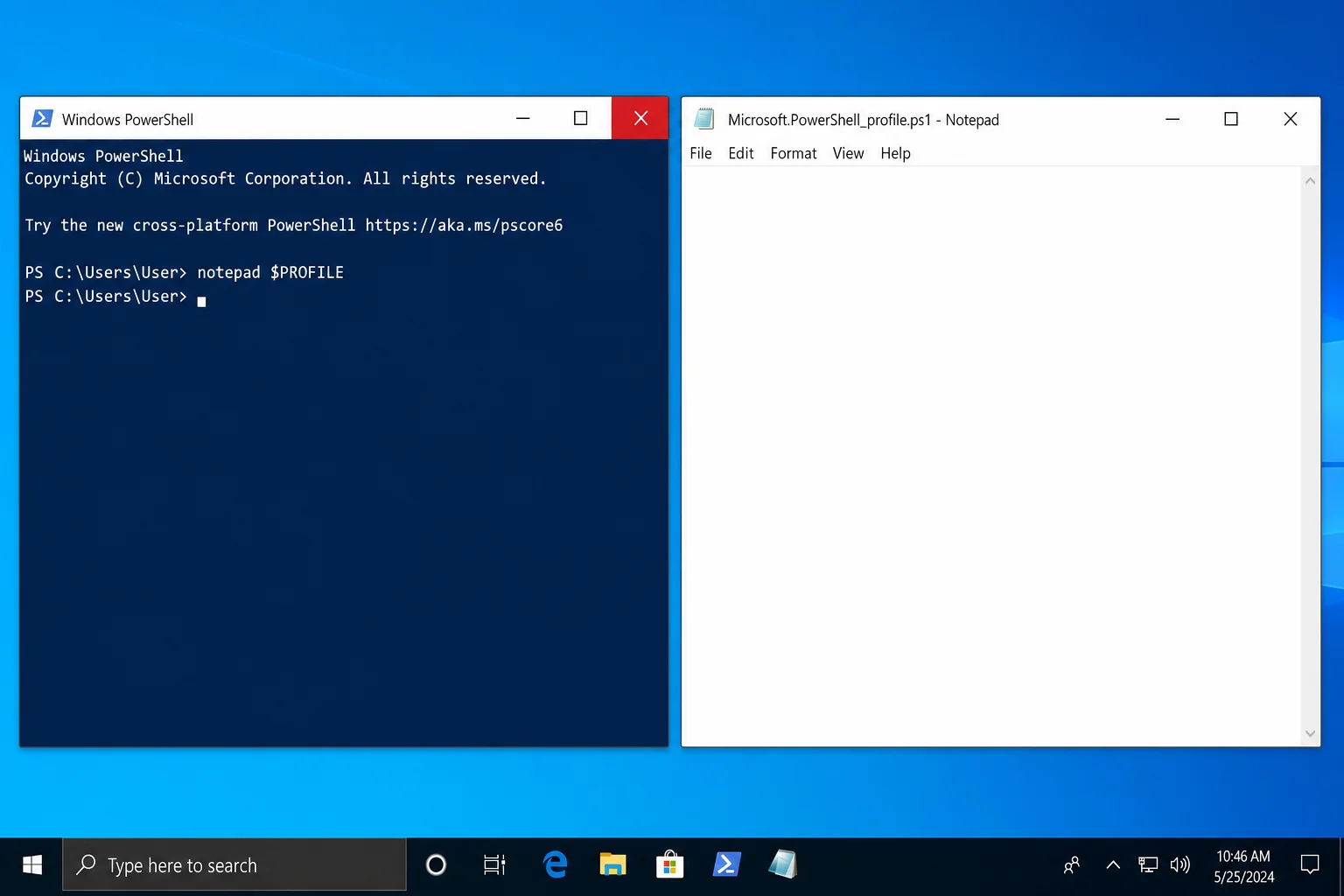 PowerShell window with "notepad $PROFILE" command entered, and a blank Notepad profile file open alongside it