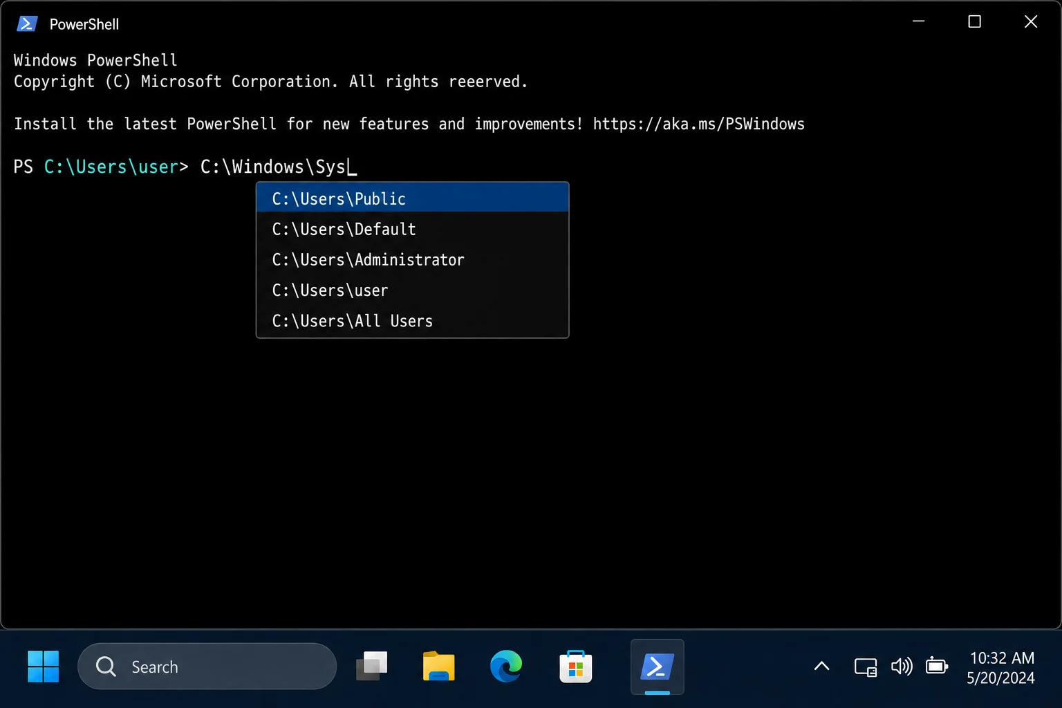 PowerShell window showing Tab completion menu popup with multiple file path options listed for selection