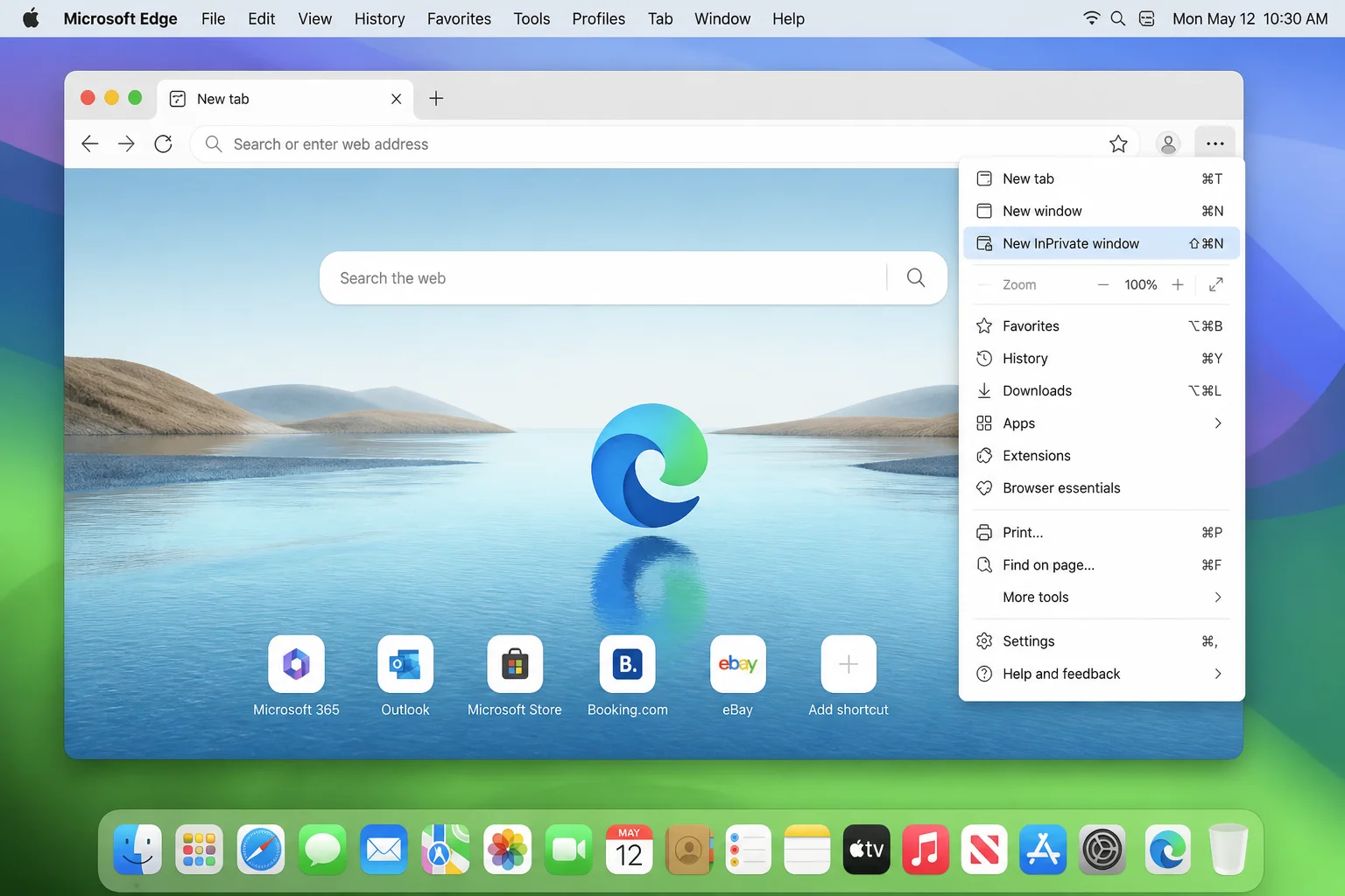 Microsoft Edge three-dot "Settings and more" menu open on macOS, with the "New InPrivate window" option visible and highlighted