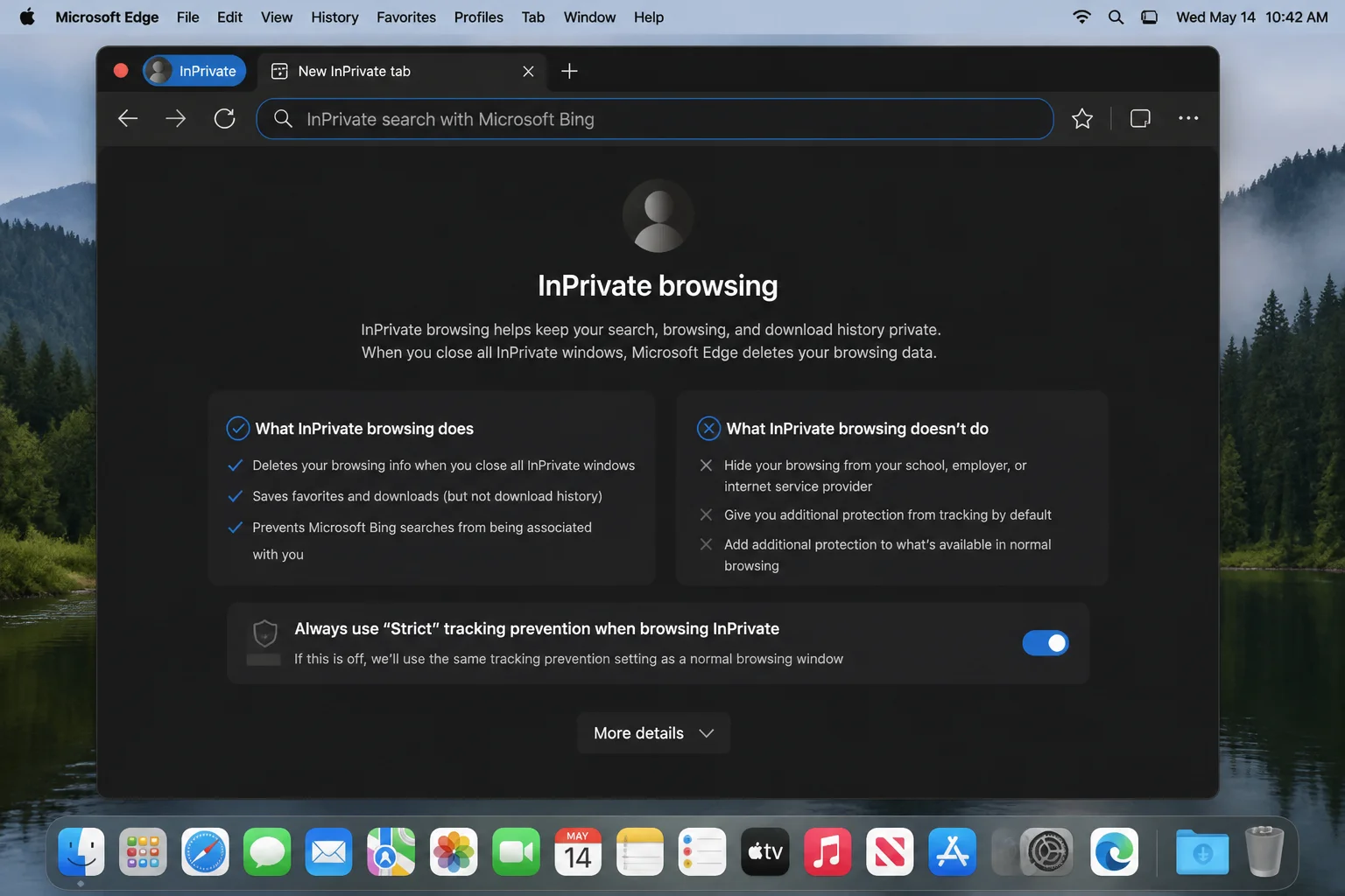 An open InPrivate window in Microsoft Edge on macOS showing the dark toolbar theme and the InPrivate badge next to the address bar