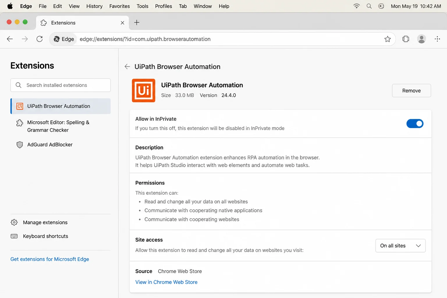 The edge://extensions Details panel for an installed extension on macOS, with the "Allow in InPrivate" toggle switched on