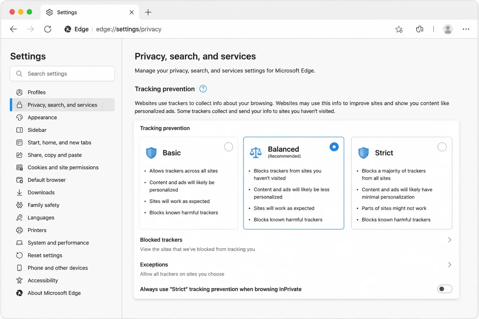 Microsoft Edge Settings > Privacy, search, and services page on macOS showing the Tracking prevention section with Basic, Balanced, and Strict options