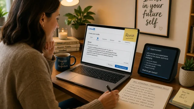 Person working at a wooden desk with a laptop showing a LinkedIn profile and a sticky note reading 'Revise' on the screen. A mug says 'Progress not Perfection'. The scene includes a plant, a lamp, and a framed 'Invest in your future self' print. - Rewrite Your LinkedIn About Section and Experience Bullets for a Career Change