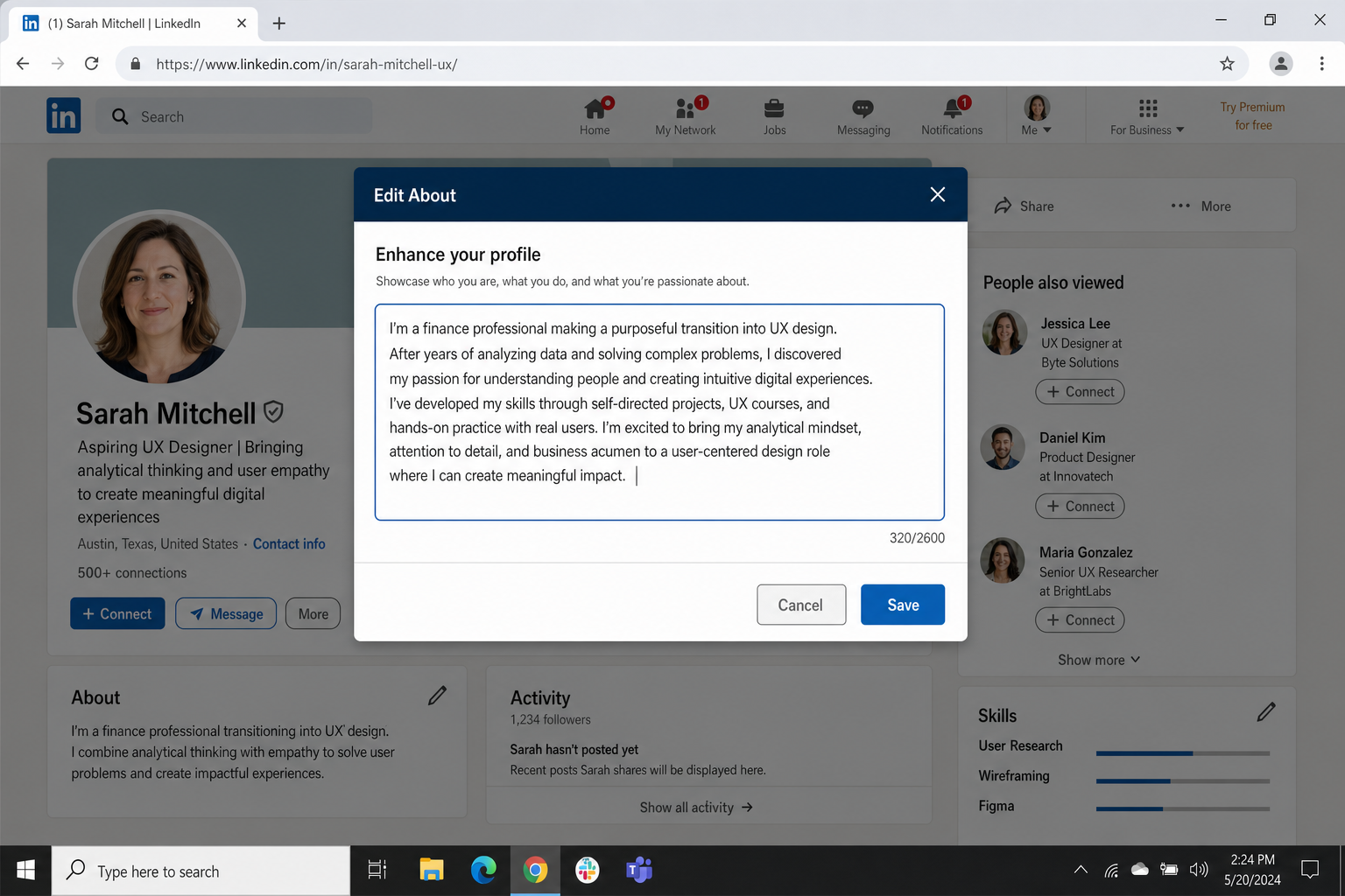 LinkedIn About section editor with the text input area open, showing where users paste and edit their AI-generated pivot narrative