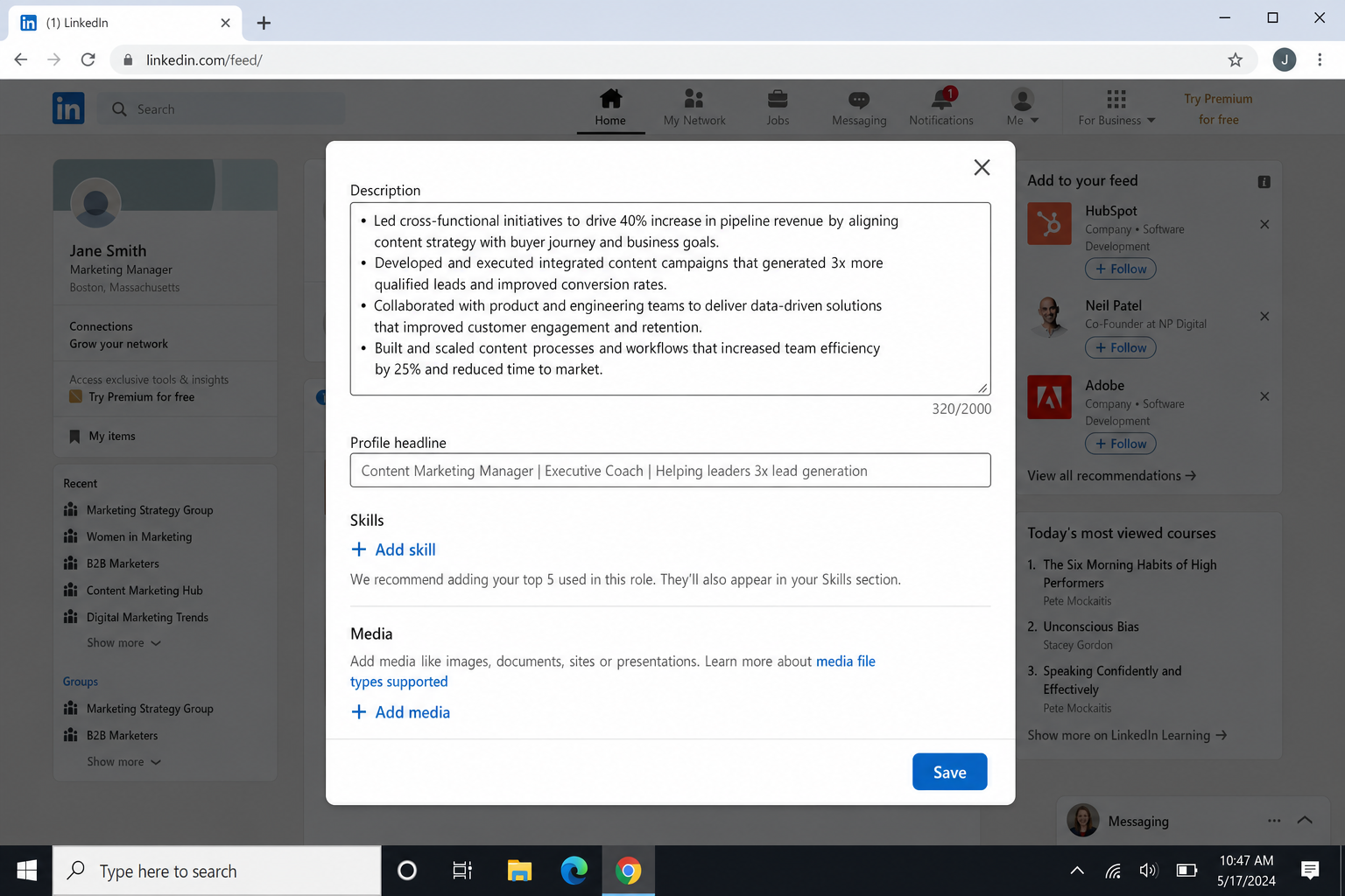 LinkedIn experience entry editor showing the Description field where users paste rewritten target-industry-language bullet points for a past role