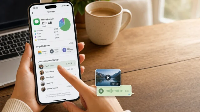 Hand holding an iPhone showing a storage usage screen with a pie chart and list of data, on a wooden table with a mug in the background. - reduce-size-whatsapp-iphone-featured