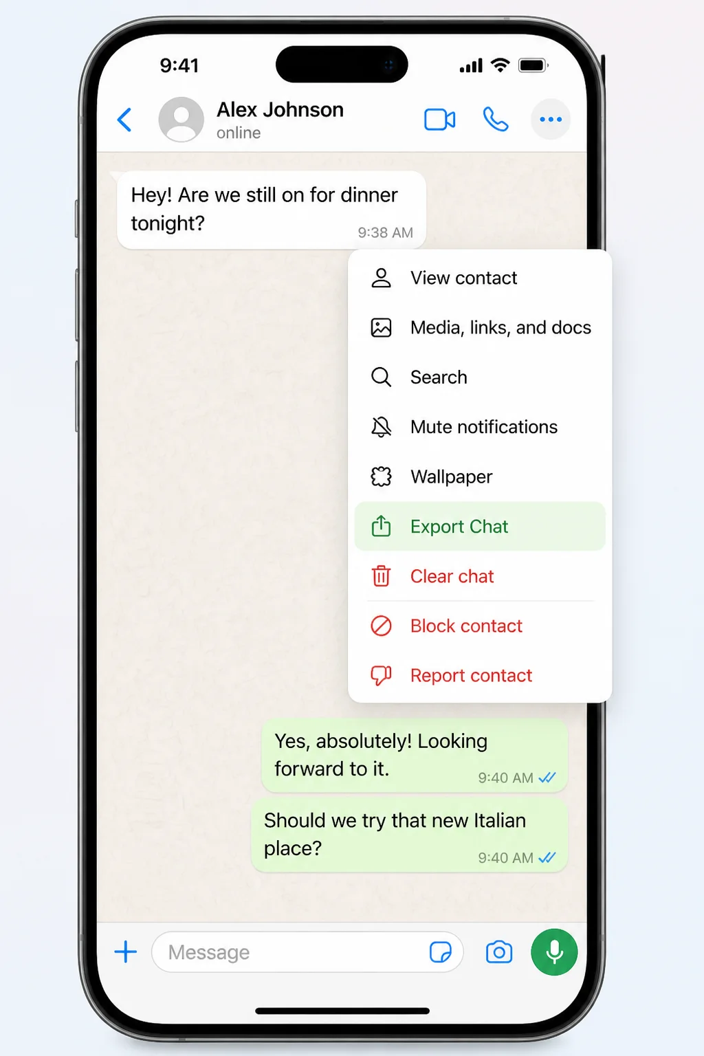 WhatsApp chat swipe options showing More menu with Export Chat option highlighted