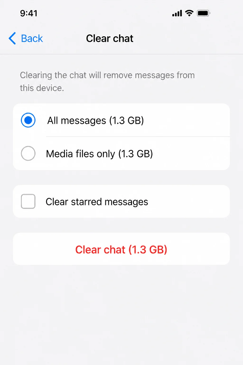 WhatsApp Clear chat screen showing media category checkboxes and Clear media button