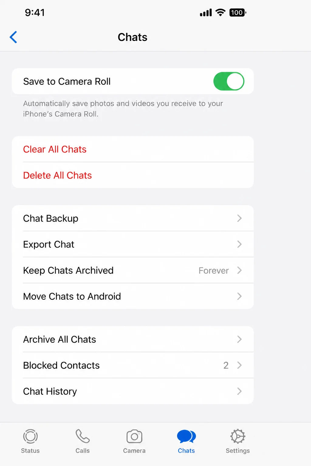WhatsApp Chats settings screen showing Clear all chats and Delete all chats options