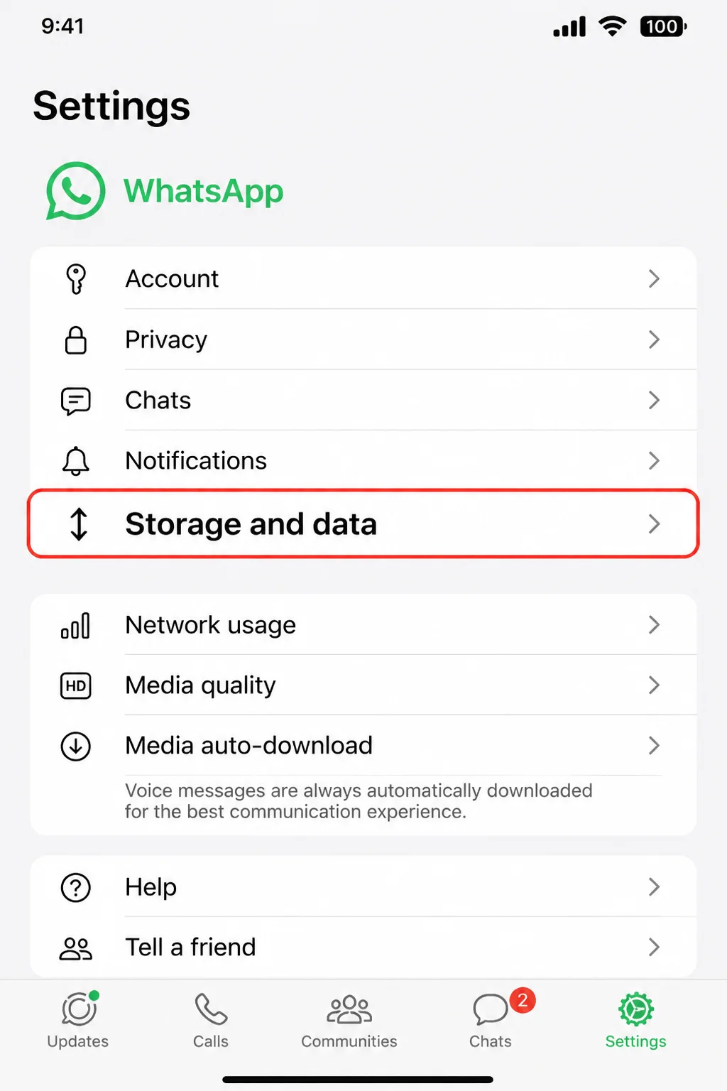 WhatsApp Settings screen showing Storage and data option highlighted