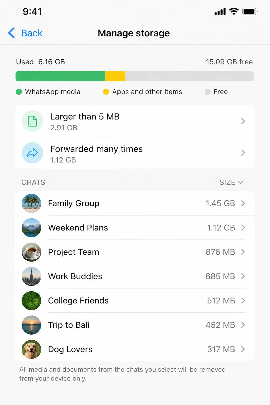WhatsApp Manage Storage screen showing storage bar, Larger than 5 MB section, and chats sorted by size