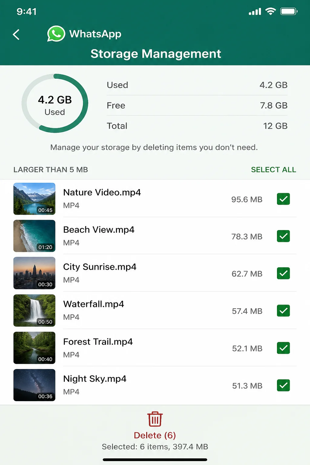 WhatsApp Larger than 5 MB screen with multiple items selected and trash icon visible at the bottom