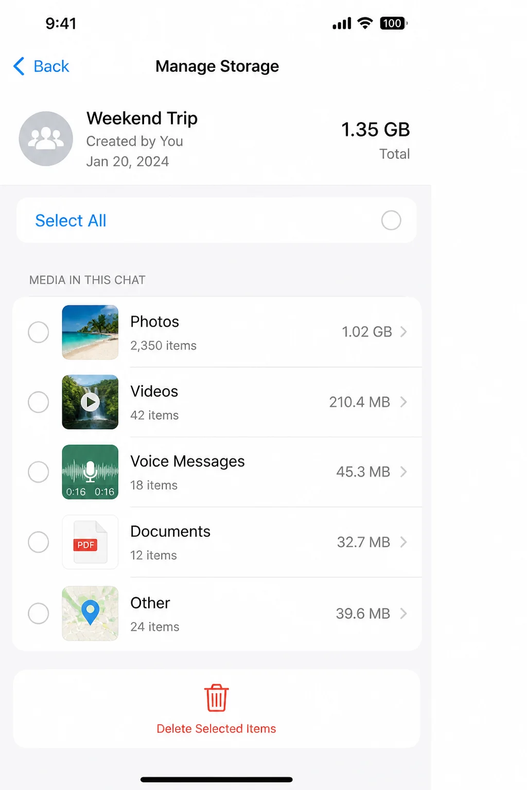 WhatsApp per-chat storage screen showing media thumbnails with Select All option and trash icon