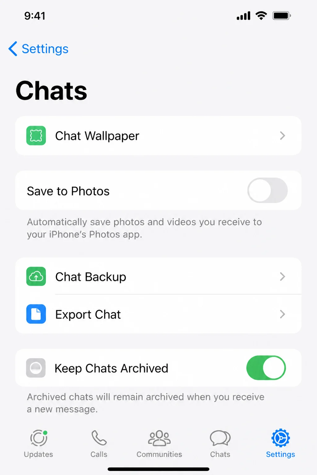 WhatsApp Chats settings screen with Save to Photos toggle switched off