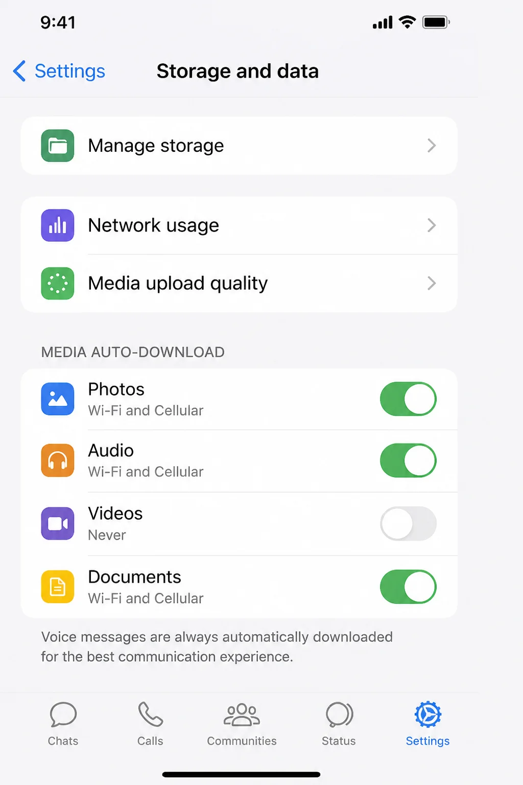 WhatsApp Storage and data screen showing Media Auto-Download section with Videos set to Never
