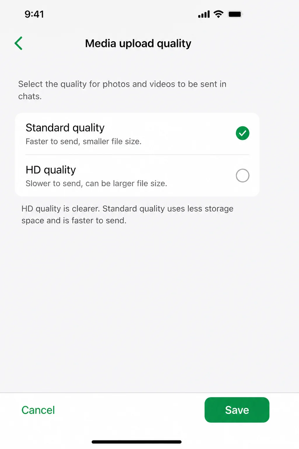 WhatsApp Storage and data screen showing Upload quality option set to Standard