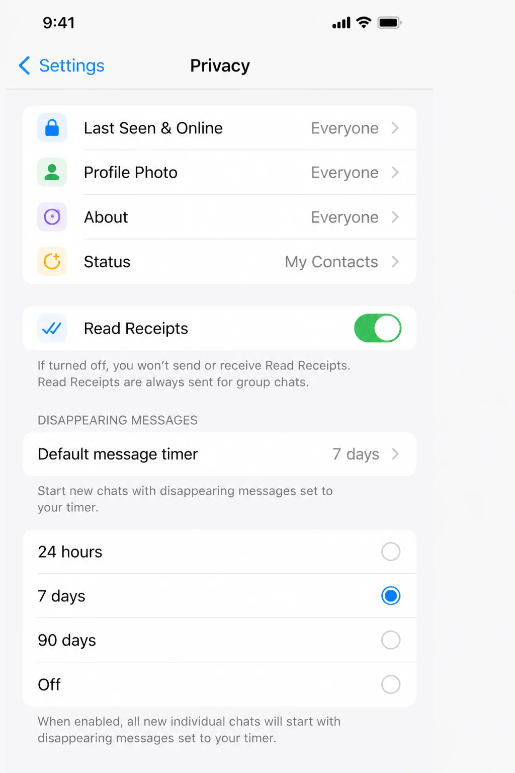WhatsApp Privacy settings showing Default message timer options with 7 days selected