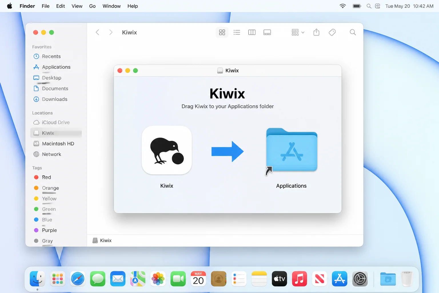 Finder window showing the Kiwix .dmg installer open, with the Kiwix app icon and an arrow pointing into the Applications folder shortcut