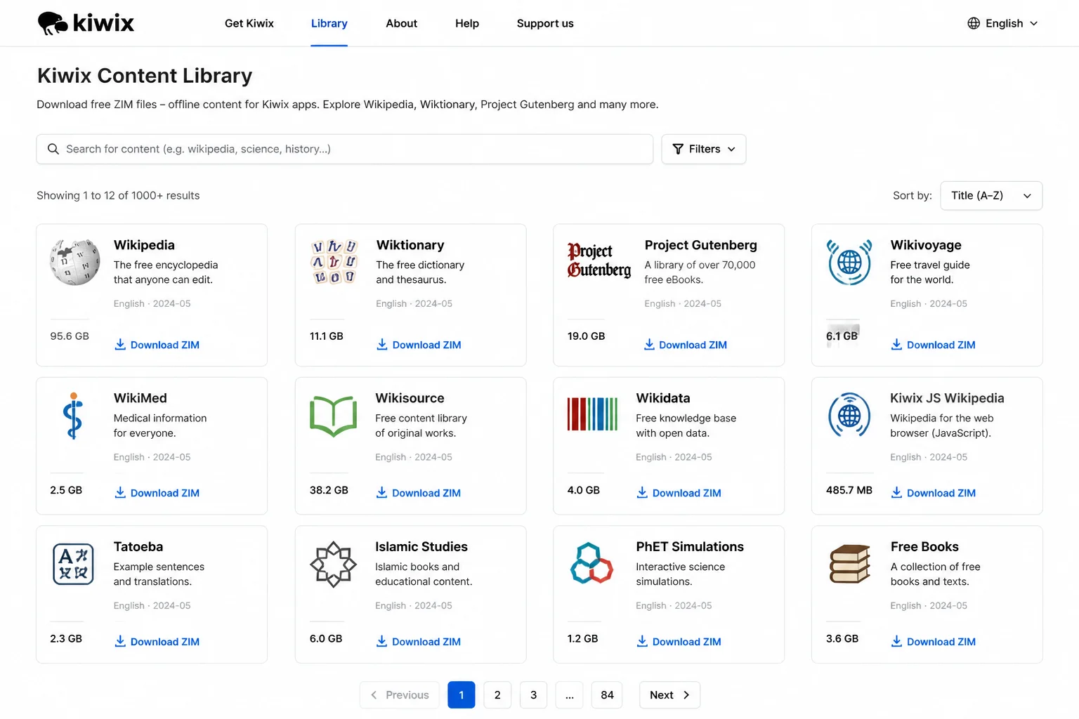 The Kiwix content library page at library.kiwix.org listing downloadable ZIM archives such as Wikipedia, Wiktionary, and Project Gutenberg, with file size and download links visible