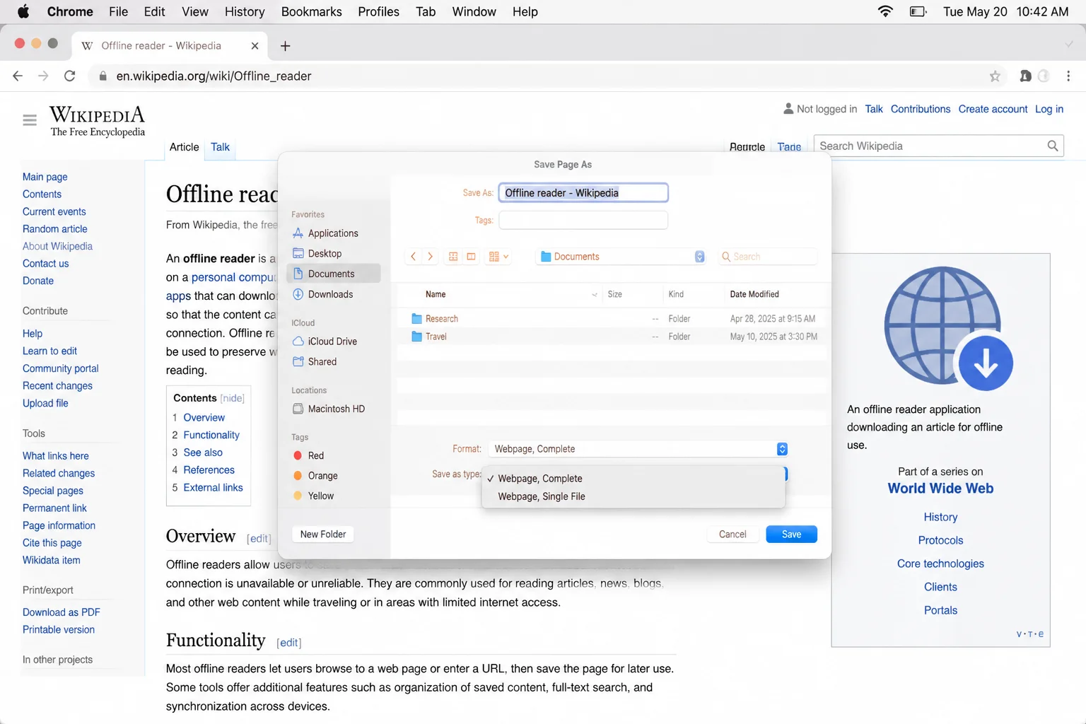 Chrome's Save Page As dialog on macOS open over the Wikipedia "Offline reader" article, showing the "Save as type" / format dropdown expanded with Webpage, Complete and Webpage, Single File visible