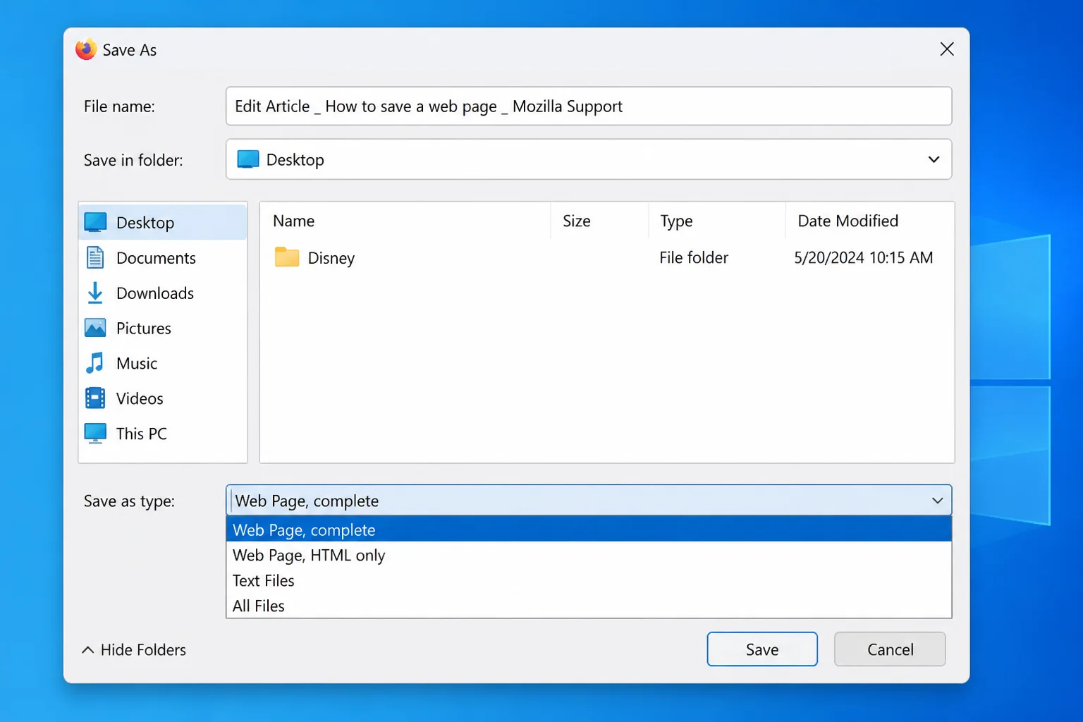 Firefox's Save Page dialog showing the format dropdown expanded with "Web Page, complete" and "Web Page, HTML only" options
