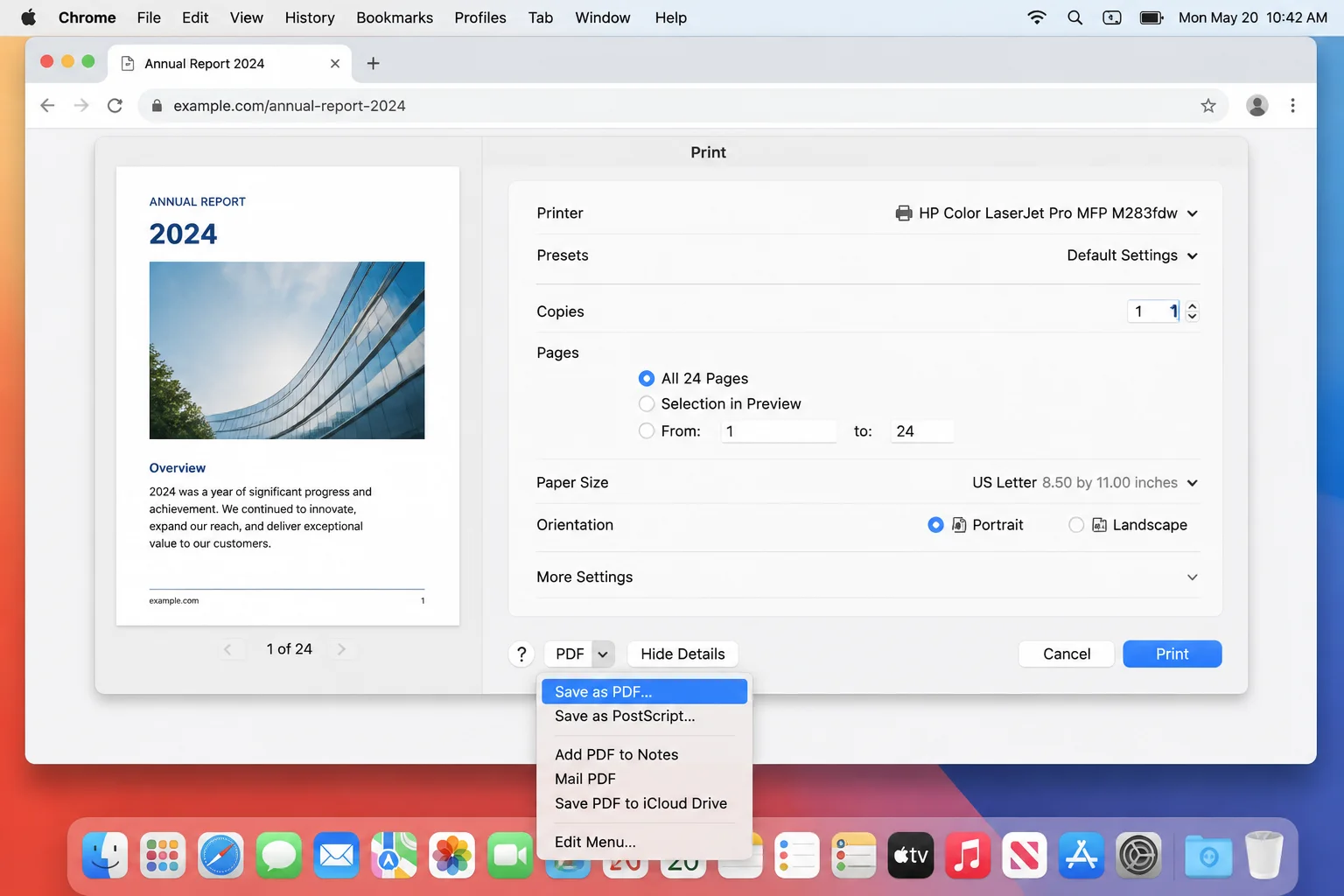 macOS print sheet triggered from a browser with the PDF dropdown button open, showing the "Save as PDF" menu option highlighted
